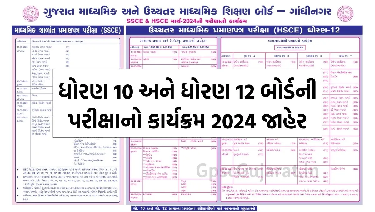 SEB Gujarat HSC and SSC Examination Time Table 2024
